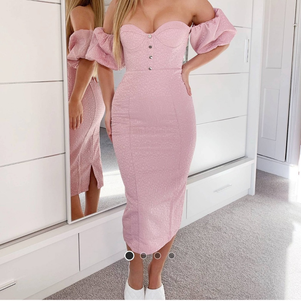 Rare London Bardot Midi Dress in Pink